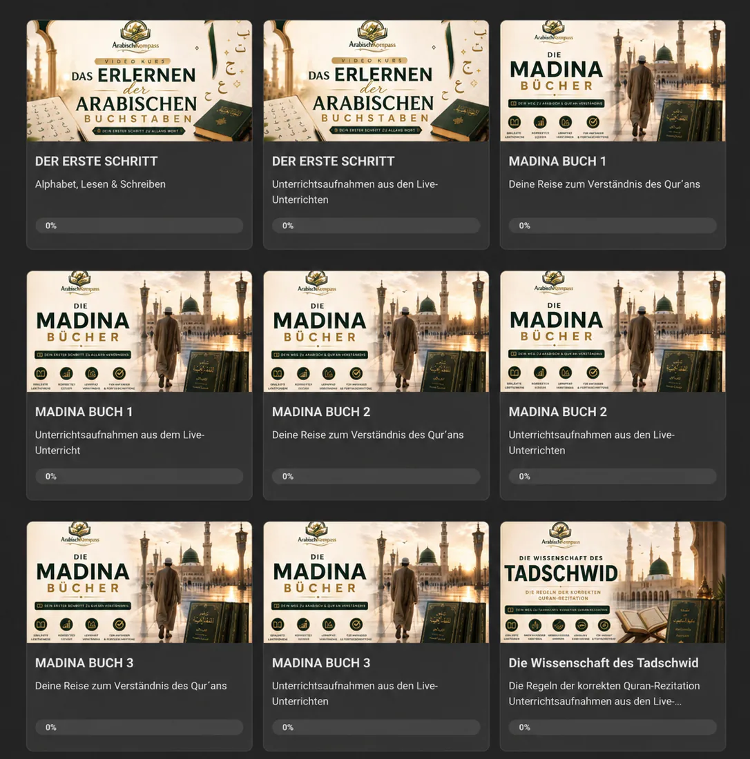 Kursübersicht von ArabischKompass mit Lesen und Schreiben, den Madina-Büchern und Tajwīd